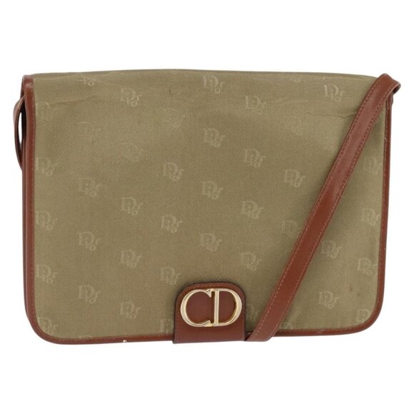 Authentic Christian Dior Shoulder Bag Nylon Beige Gold